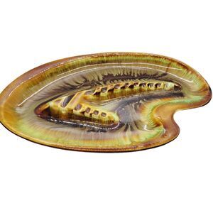 1960s Ashtray Ceramic DeForest Pottery Amoeba Shape Brown Green Swirl 14x9" MCM
